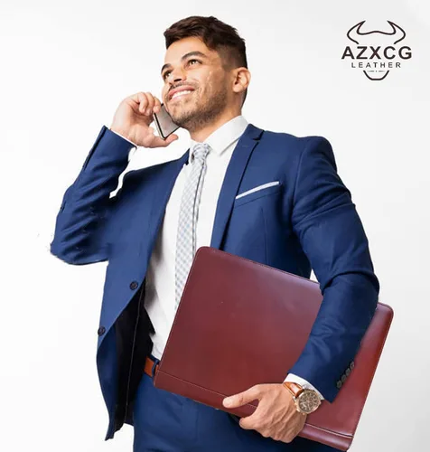 Vista 7 de Cartera de cuero personalizada con carpeta de 3 anillos, organizador de padfolio de negocios, carpeta de negocios con cremallera con portapapeles