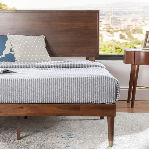 Vista 3 de Zinus Deluxe cama de madera estilo de medio siglo con cabecero, sin necesidad de colchon de resortes, Pino, Marrón