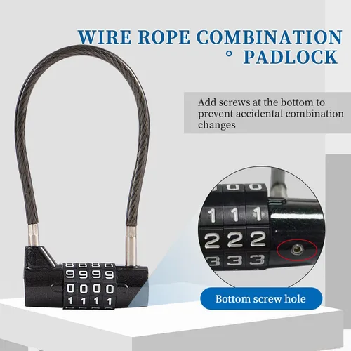 Vista 6 de Candado de combinación con cable de 4 dígitos y cable duradero de 3.5" ideal para casilleros, gimnasio, puerta, valla, caja de herramientas, funda
