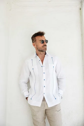 Vista 6 de Mojito Guayabera Camisa Chacabana 100% lino con contraste de manga larga y puño francés