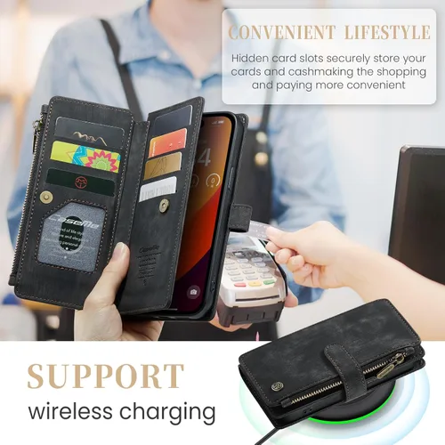 Vista 3 de CaseMe - Funda tipo cartera para iPhone 15 Pro Max, multifunción, hecha a mano, de piel sintética, con cremallera, a prueba de golpes, con cierre