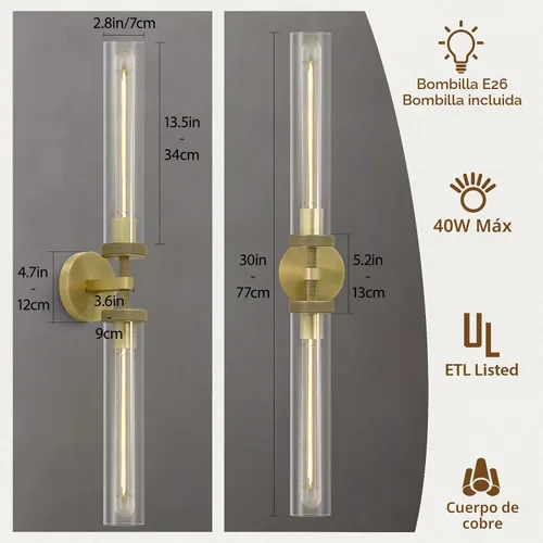 Vista 4 de Lámparas de Pared de Latón Dorado de 2 Luces con Textura Estriada, Lámparas de Pared de Vidrio Doble de 30 Pulgadas, Lámparas de Pared para Tocador