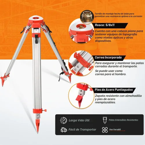 Vista 2 de Trípode de topografía, trípode de levantamiento de aluminio con abrazadera rápida de cabeza plana de 11 roscas de 5/8 pulgadas para estación total