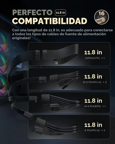 Vista 7 de ASIAHORSE Cables de alimentación de extensión de cable PSU 16AWG, cable de extensión de manga modificada para requisitos particulares de la fuente