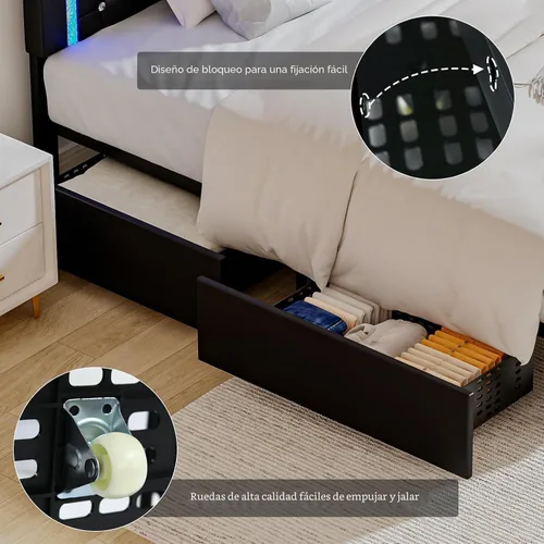 Vista 6 de BarnFurin Marcos de Cama Individual con Luces LED y Cajones de Almacenamiento, Marco de Cama Tapizado con Cabecera de Diamante, Cama de Plataforma