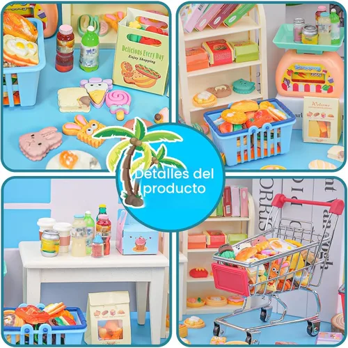 Vista 6 de 196 piezas Mini carrito de compras carrito carrito de comestibles modelo de juego botella de bebida en miniatura comida pizza con caja Supermercado