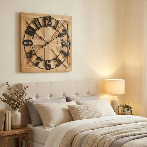 Vista 7 de EMAX HOME Reloj de pared grande estilo casa de campo, reloj de madera rústico cuadrado marrón de 24 pulgadas con letrero decorativo de madera