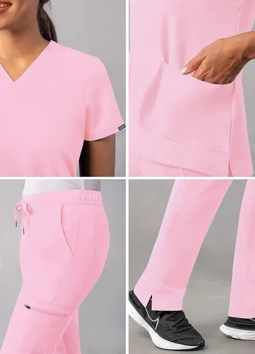 Vista 4 de Adar - Uniforme tipo filipina, con camisa de cuello en V y pantalones con bolsillos tipo cargo, para mujer
