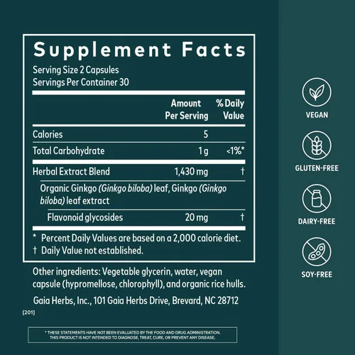 Vista 2 de Gaia Herbs Hoja de ginkgo, 60 cápsulas veganas, 30 porciones Tradicionalmente utilizado para apoyar la circulación saludable y la función