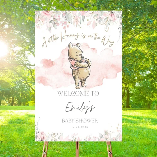Vista 9 de Winnie The Pooh - Letrero de bienvenida personalizado para bebé, decoraciones clásicas para baby shower