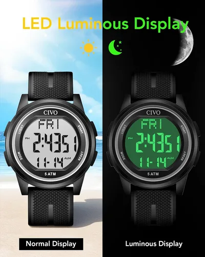 Vista 3 de CIVO Digital Watches for Men Women Sports Waterproof Wristwatch with Stopwatch Alarm Date - LED Backlight Big Numbers Silicone Watch for Outdoor