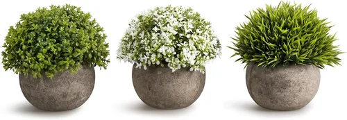 Vista 9 de Opps Mini plantas artificiales de plástico de hierba verde falsa con maceta gris para decoración del hogar, juego de 3
