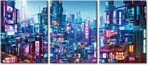 Vista 125 de Arte de pared de 3 piezas de escena de ciencia ficción de la calle comercial futurista paisaje urbano, decoración de pared para dormitorio