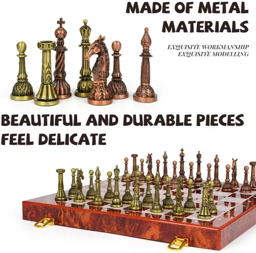 Vista 2 de Juego de ajedrez de metal vintage para adultos y niños, tablero de ajedrez plegable de mármol con almacenamiento, elegante juego de ajedrez de viaje