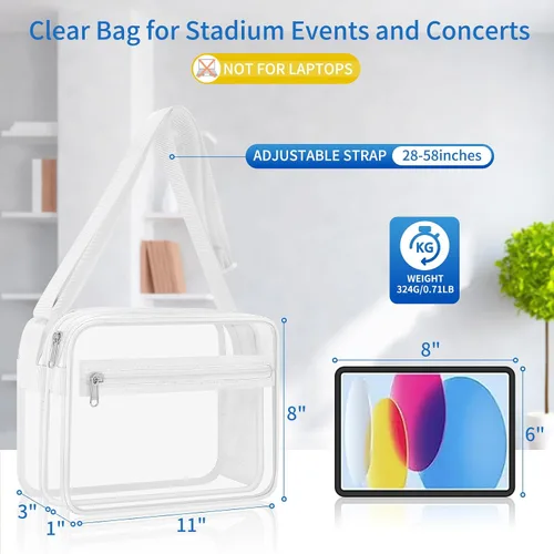 Vista 5 de Bolsa de mensajero transparente aprobada para estadios de 12 x 12 x 6, bolsa transparente de doble compartimento para concierto de estadio