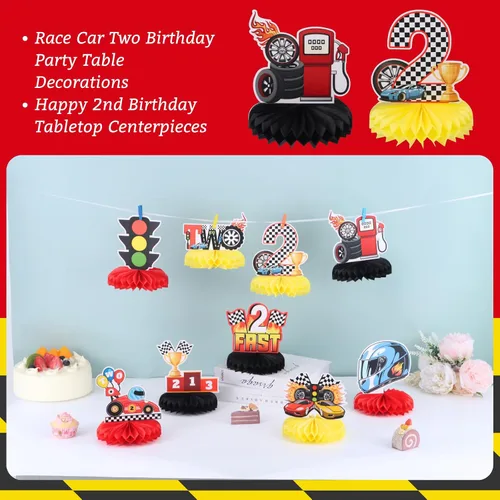 Vista 3 de 9 piezas de centro de mesa de auto de carreras de 2º cumpleaños Let's Go Racing Two Fast Birthday Party Decoración de mesa de auto de carreras