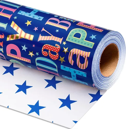 Vista 9 de Homeral Rollo de papel para envolver regalos azul para baby shower - Rollo mini - 17 pulgadas x 16.5 pies - Juego reversible de papel de regalo