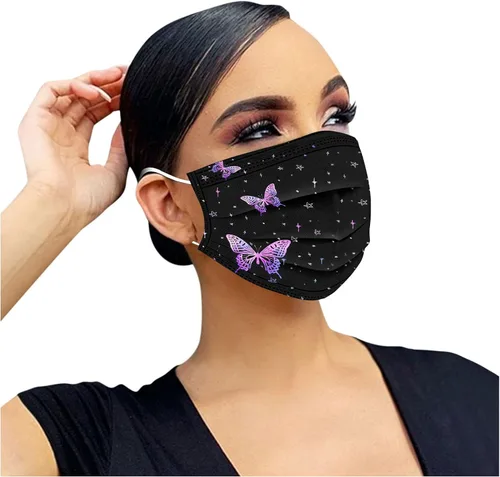 Vista 6 de Paquete de 50 mascarillas de mariposa para adultos, desechables, para mujeres, para el cuidado de la piel, gruesas, 3 capas, transpirable, filtro