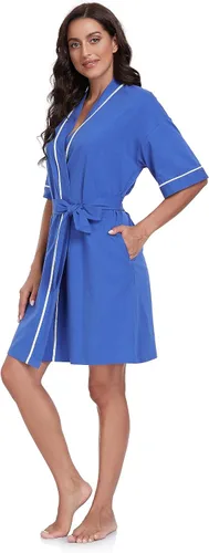Vista 105 de COLORFULLEAF Bata de baño de manga corta para mujer, 100% algodón, longitud hasta la rodilla, con bolsillos