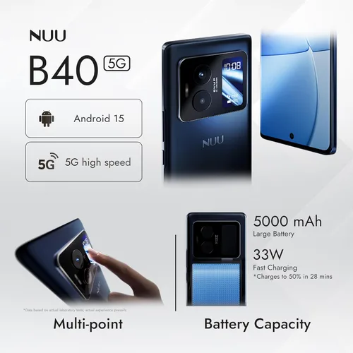 Vista 8 de NUU B40 5G, teléfono celular, desbloqueado, doble SIM, pantalla AMOLED dual, 120Hz, cámara de 64 MP, 8GB+256GB, Android 15, versión estadounidense