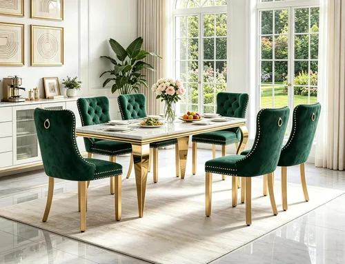Vista 20 de Juego de 5 mesas de comedor de mármol sintético para 4 mesas de cocina de lujo de 68 pulgadas de oro blanco con 4 sillas tapizadas de terciopelo