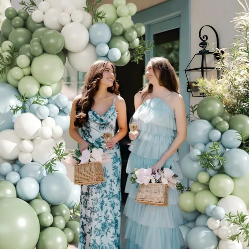 Vista 2 de Kit de arco de globos verde salvia azul pastel, 124 piezas de globos macarón amarillo blanco verde para decoraciones de cumpleaños de ganso, género