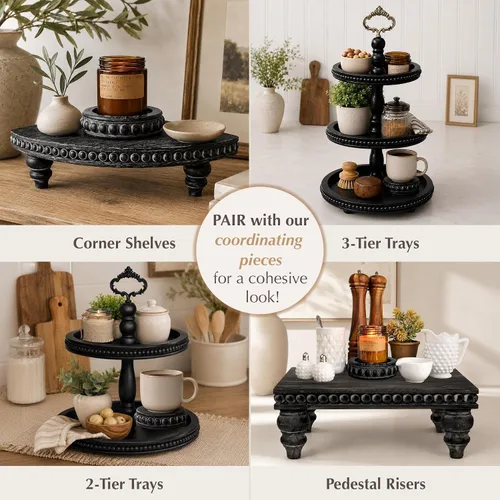 Vista 4 de Felt Creative Home Goods Juego de 2 elevadores redondos de cuentas de madera rústica, resistentes y apilables de 2 caras, soportes de pedestal