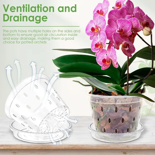 Vista 7 de UKQRRTC 5 macetas de orquídeas para trasplantar, macetas de orquídeas ranuradas transparentes con agujeros y platillos, maceta de plástico