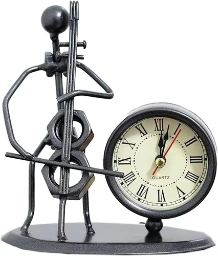 Vista 9 de Reloj despertador de instrumentos musicales, reloj creativo de escritorio pequeño de acero inoxidable, reloj de personalidad retro, artesanía