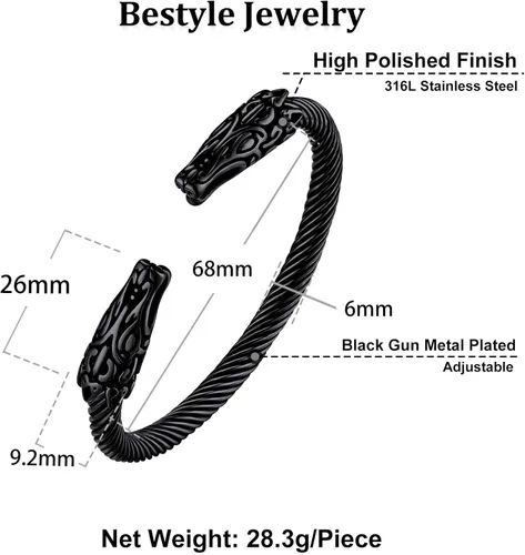 Vista 7 de Bestyle Brazalete vikingo de acero inoxidable pesado para hombres y niños, pulsera ajustable abierta de cuervoloboruna, vintage, retro, joyería