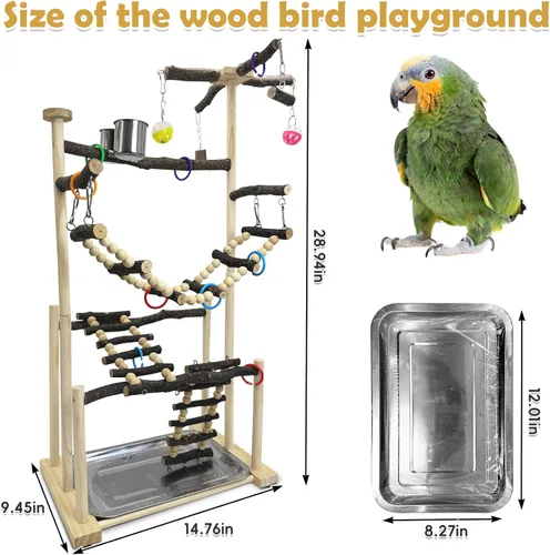 Vista 2 de kathson Parque infantil grande para pájaros, perca de madera natural, 4 capas, centro de actividades con perchas, escalera, juguetes para masticar