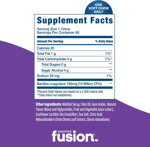 Vista 4 de Bariatric Fusion Masticables blandos probióticos Vitamina bariátrica masticable con sabor a uva 10 mil millones de UFC Bacillus coagulans