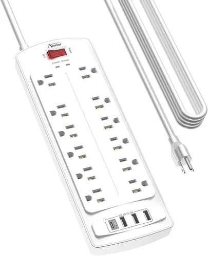 Vista 10 de ALESTOR - Regleta de enchufes con protector contra sobretensiones, 12 tomas de corriente y 4 puertos USB, cable de extensión de 6 pies