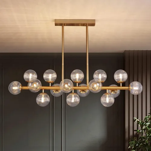 Vista 4 de Siljoy Moderno candelabro de cristal de burbujas dorado semi empotrado de cristal transparente para sala de estar, comedor, cocina, isla de longitud