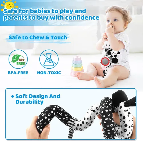 Vista 4 de Juguetes Colgantes para Asiento de Coche y Juguetes para Cochecito para Bebés de 0-6 Meses, Juguetes de Bebé de Alto Contraste para Recién Nacidos
