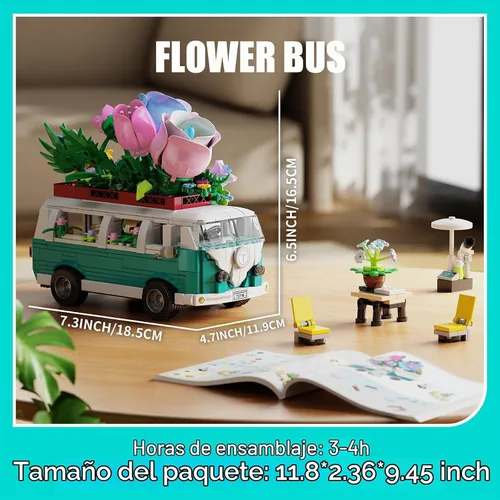 Vista 6 de Juego de bloques de construcción de coche floral, conjunto de construcción de furgoneta camper de la ciudad, colección botánica de flores