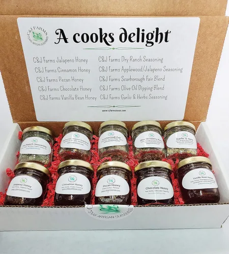 Vista 3 de C&J Farms Texas Gourmet Artisan Seasonings A Cook's Delight - Juego de regalo de 10 piezas, caja de muestras variadas, incluye muestra de especias