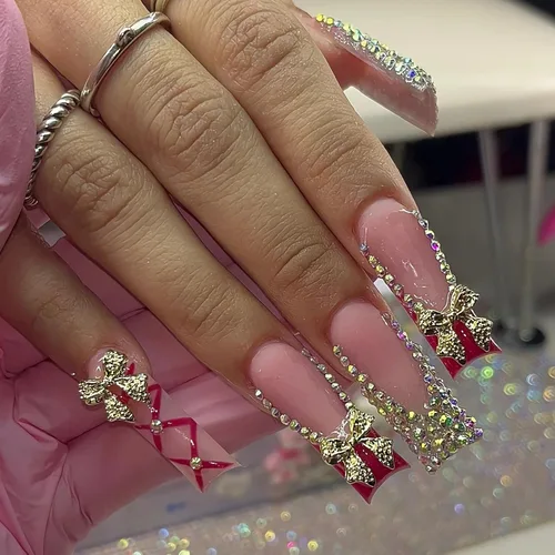 Vista 22 de MISUD Uñas a presión – Uñas cuadradas largas con pegamento rosa y negro, acrílico Y2K diseño de dijes de 24 piezas