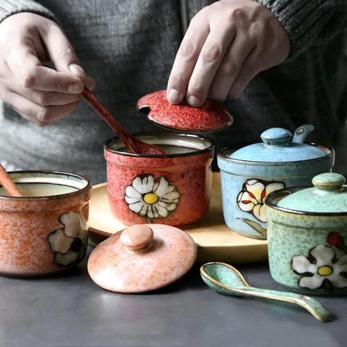 Vista 5 de 123Arts Cerámica Retro Flor Azúcar Sal Pimienta Tarro de Almacenamiento de Condimentos con Tapa Y Cuchara