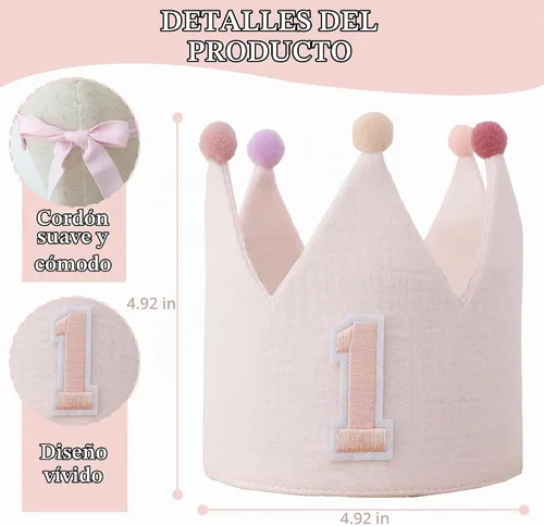 Vista 7 de Muslin Crown Hat First Years Birthday for Baby Girl Party Decoration Pink Headband Rosa