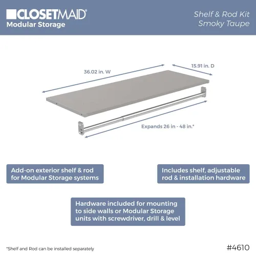 Vista 3 de ClosetMaid Kit de estante de almacenamiento modular y barra para colgar, color gris pardo