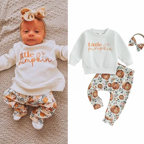 Vista 7 de Deportes Trajes Niña Letra Impreso Pequeña Calabaza Manga Larga Suéter Pantalones Banda Para El Pelo Conjunto De Tres Piezas Para