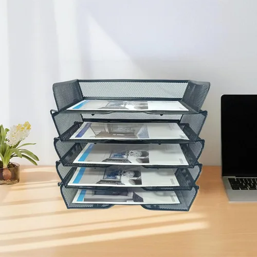 Vista 4 de Organizador de escritorio de malla metálica de 5 niveles, bandejas apilables para suministros de oficina, sistema de almacenamiento de archivos