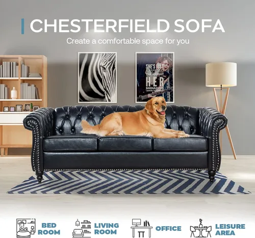Vista 7 de Chesterfield Sofás para sala de estar, brazo enrollado negro de 3 plazas, cuero sintético de 84 pulgadas, sofá grande con botón profundo con cabeza