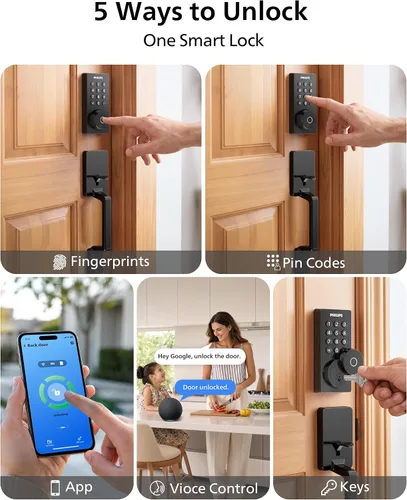 Vista 4 de Cerradura inteligente Wi-Fi Philips con cerrojo de puerta y manija, juego de cerradura de puerta sin llave para puerta delantera, cerradura
