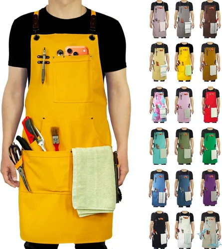 Vista 49 de Delantal de Cocina, Delantal de Trabajo, Lona, Múltiples Bolsillos, Jardinería, Pintura, BBQ, Artista, Carpintero, Tallas M a XXL, Ámbar