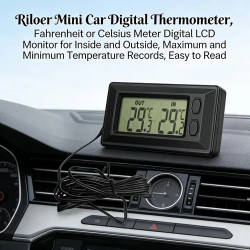 Vista 2 de Riloer Mini Termómetro Digital para Coche, Medidor Digital LCD en Fahrenheit o Celsius para Interior y Exterior, Registros de Temperatura Máxima