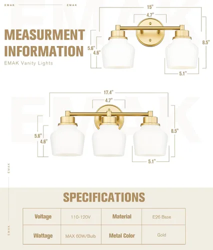 Vista 2 de Lámpara de tocador dorada Emak con pantalla de vidrio lechoso, accesorios modernos de iluminación de baño sobre espejo, 3 luces de tocador de baño