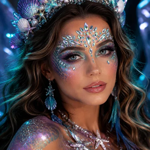 Vista 4 de 6 juegos de joyas de cara de sirena con diamantes de imitación para pegar en Halloween, cosplay, fiesta, carnaval, festival, cristales, tatuajes