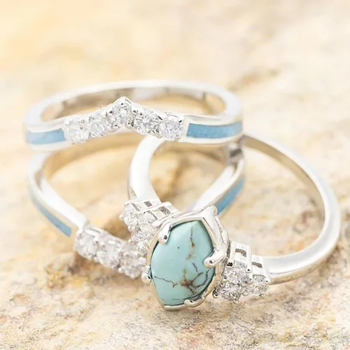 Vista 6 de Anillos de diamantes turquesa de 3 piezas para mujer de plata de ley natural anillos de joyería simples de moda